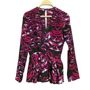 Kardashian Blouse Women Size XS Vneck Peplum Colorful Ruffle Pleat Funky Party